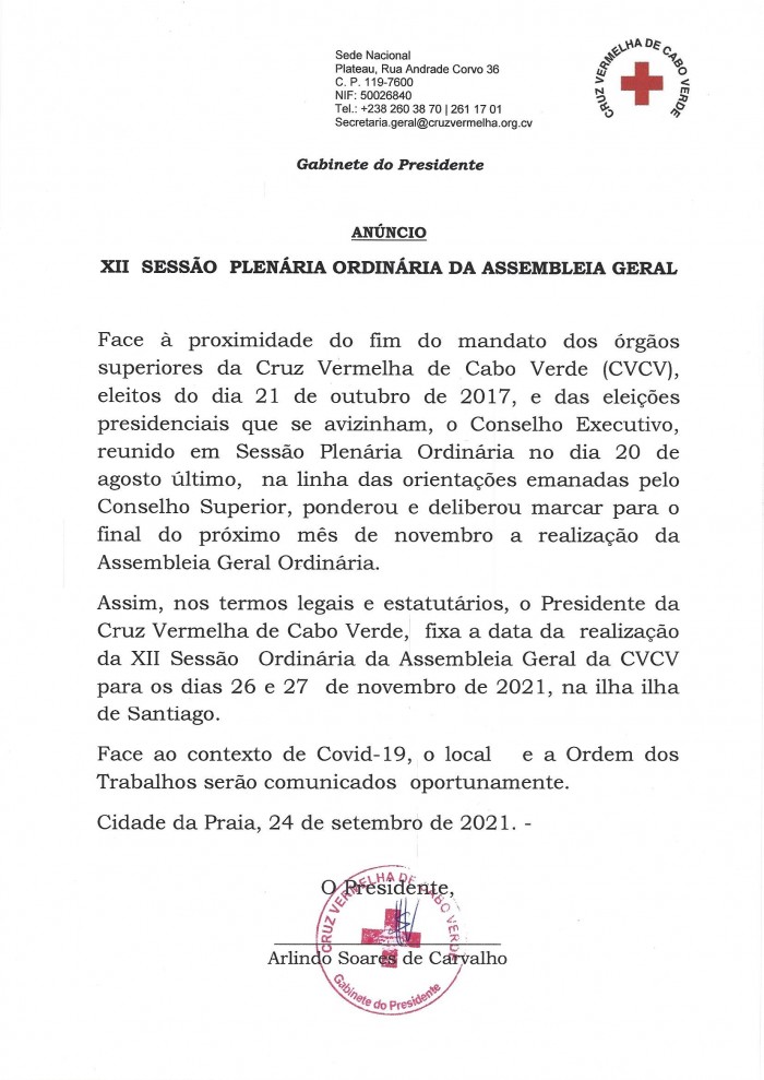 Convocatoria XIIª Assembleia Geral CVCV 2021
